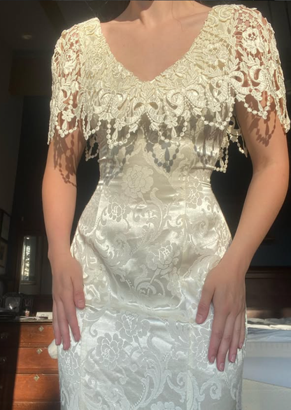 Vintage Elegant Mermaid V Neck Print Floral Satin Wedding Dress Prom Dress SH5939