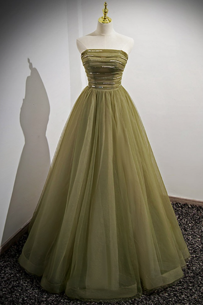 Green A-Line Tulle Long Modest Prom Dress with Removable Sleeves MD7306