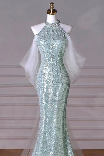 Mint Green Sequins Removable Sleeves Halter Long Prom Gown, Formal Dresses  MD7241