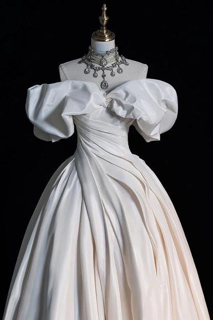 Stunning White Off Shoulder A-Line Satin Wedding Dress Birthday Gown MD7605