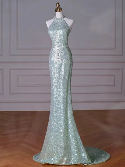Mint Green Sequins Removable Sleeves Halter Long Prom Gown, Formal Dresses  MD7241