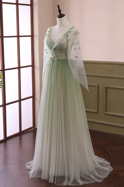 Light Green V Neck A-Line Tulle Formal Long Evening Dress MD7213