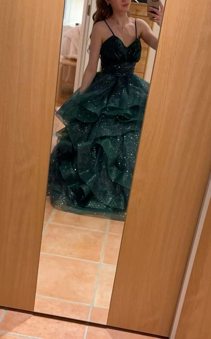 Green Spaghetti Straps A-Line Long Formal Prom Dress Evening Ball Gown, D932