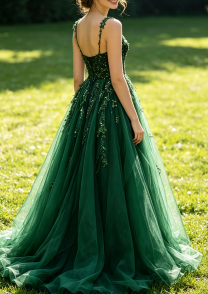 Green Straps A-Line V Neck Tulle Appliques Long Party Dress Formal Evening Gown, D426