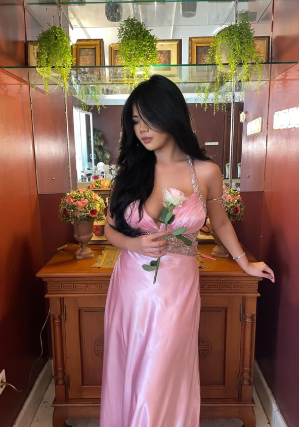 Stunning Pink A Line Halter Beaded Satin Backless Long Prom Dress Graduation Prom Dress SH5487
