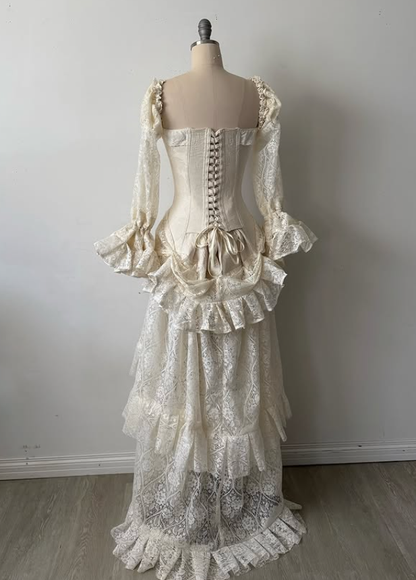 Vintage Apricot A Line Long Sleeve Layered Lace  Long Prom Dress Party Dress SH5536