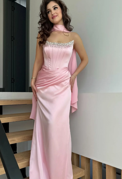 Sweety Pink Sheath Strapless Beaded Satin Prom Dress Wedding Guest Dress SH5419