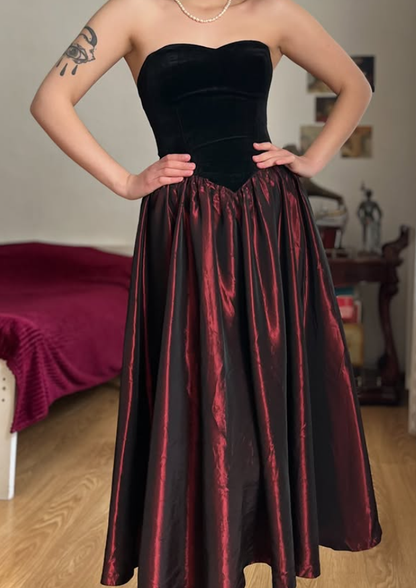 Vintage A Line Strapless Black Velvet Burgundy Satin Prom Dress Evening Dress SH6074