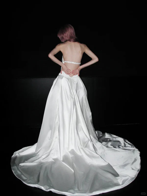 Stunning A Line Halter White Satin Backless Long Wedding Dress SH5980
