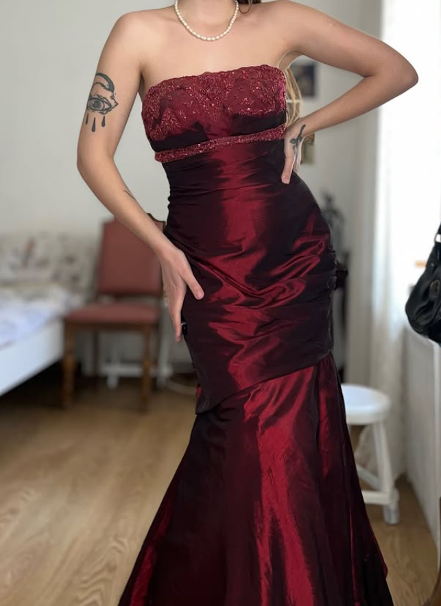 Vintage Burgundy Mermaid Strapless Beaded Satin Prom Dress Evening Dress Date Dress SH5639