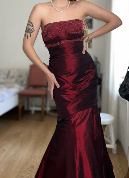 Vintage Burgundy Mermaid Strapless Beaded Satin Prom Dress Evening Dress Date Dress SH5639