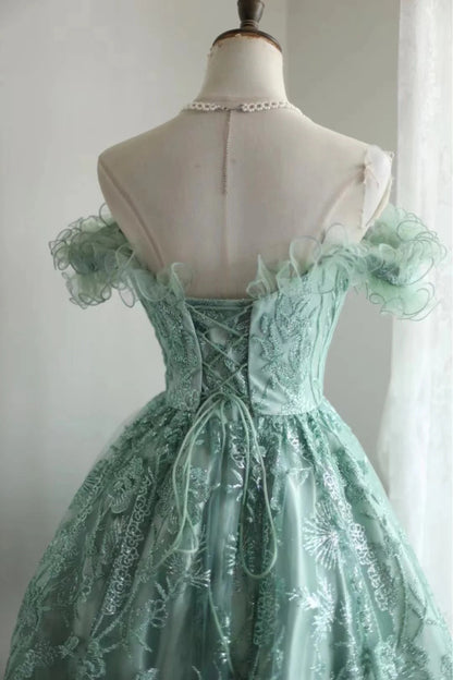 Vintage Green Appliqued Design A-line Off-the-shoulder Party Dresses Homecoming Dresses, D1348