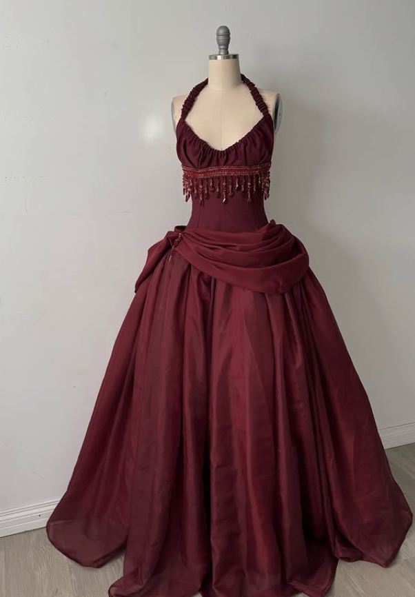 Vintage Burgundy Halter Beaded Satin Long Prom Dress Party Dress SH5531