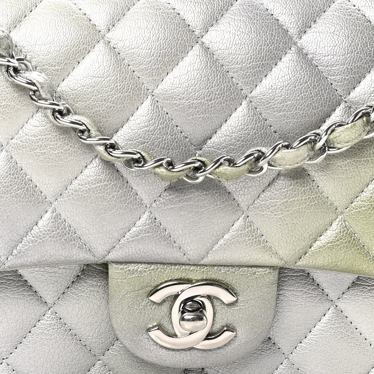 Metallic Goatskin Quilted Ombre Medium Double Flap Grey Green