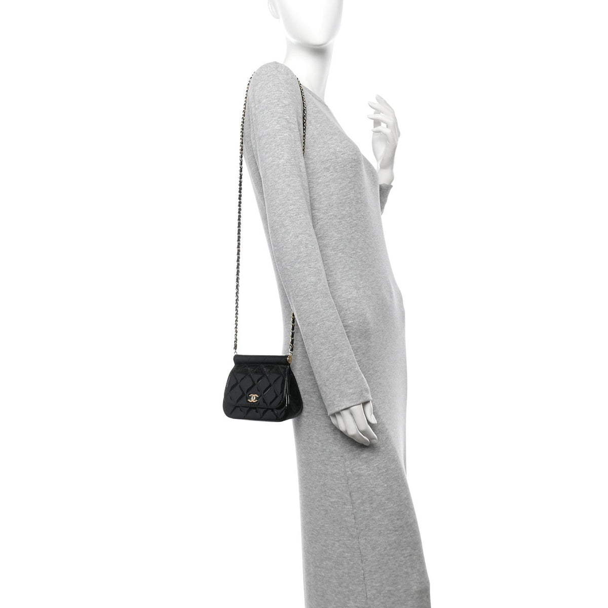 Patent Quilted Frame Clutch Flap With Chain Black