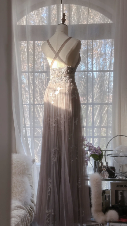 Vintage Light Purple Applique Design Romantic Chiffon Evening Dress Prom Dress D1511