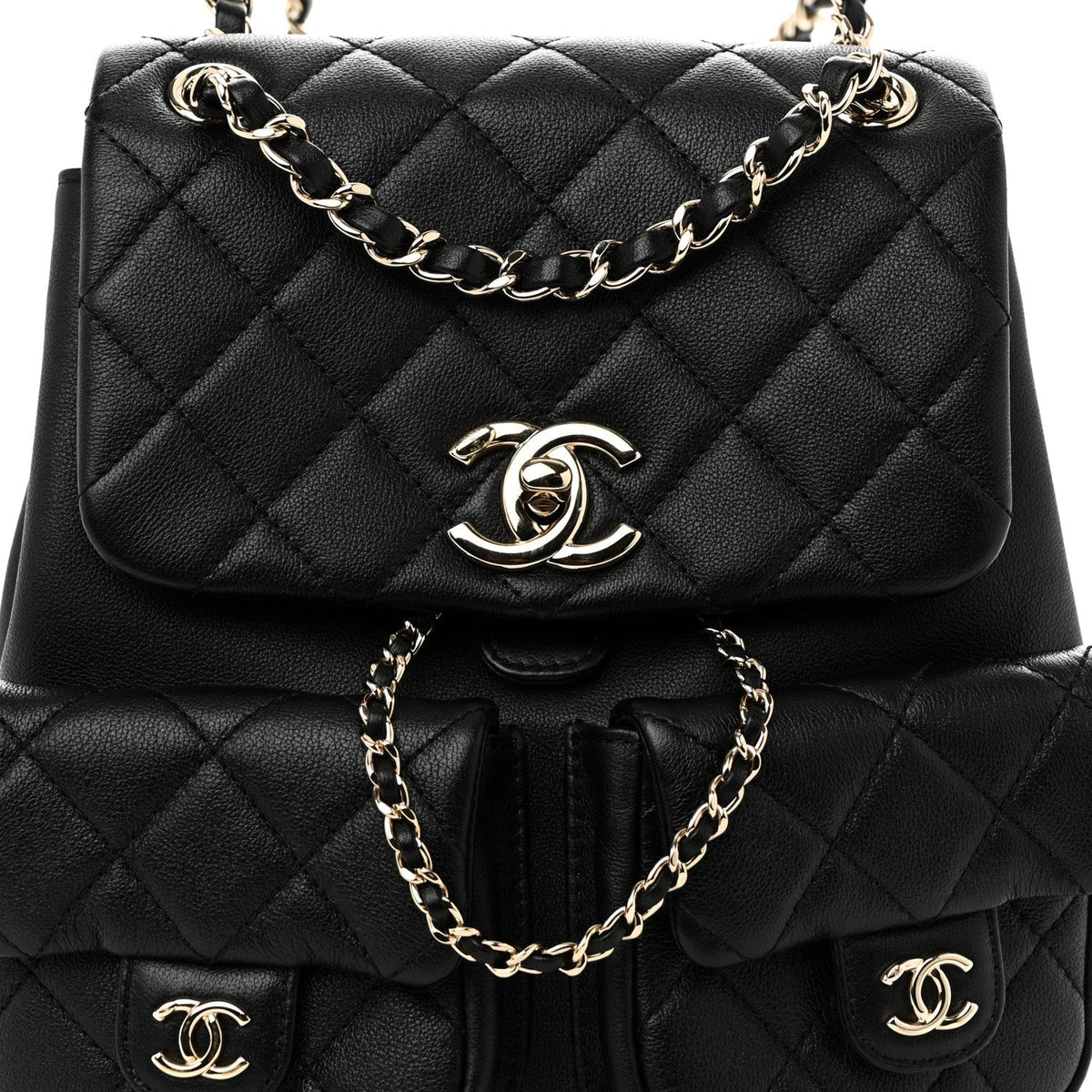 Calfskin Quilted Medium Duma Pockets Drawstring Backpack Black