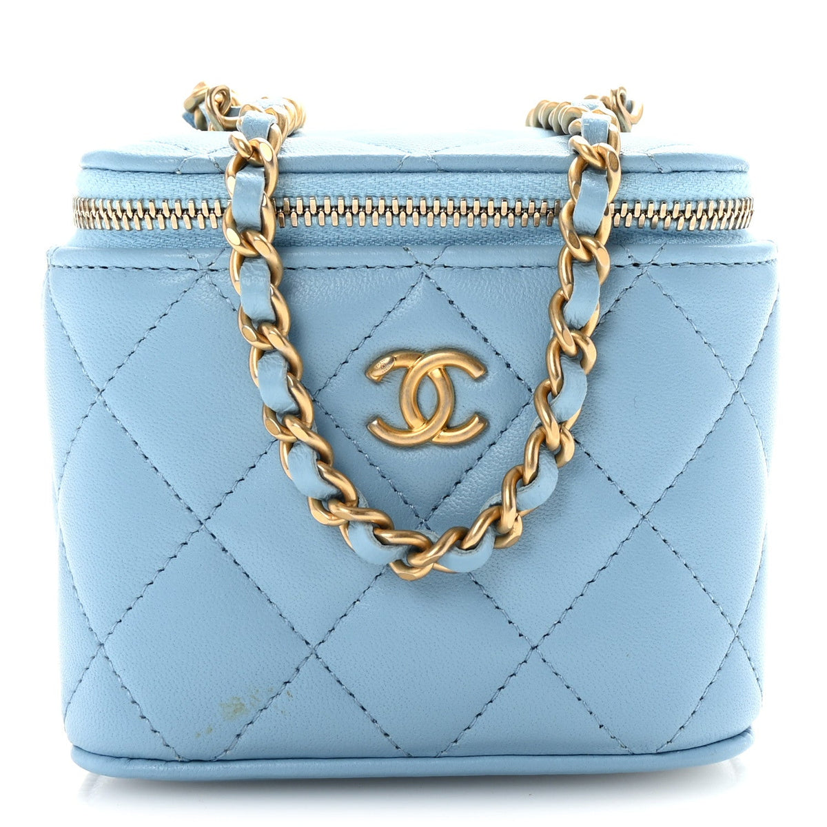 Lambskin Quilted Pearl Crush Mini Vanity Case With Chain Light Blue