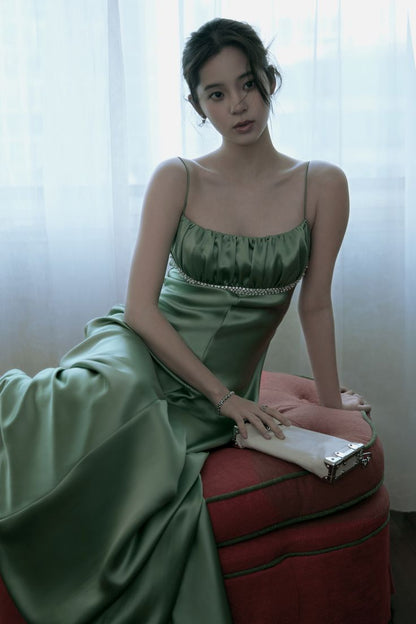 Vintage A Line Spaghetti Strap Beaded Green Satin Party Dress Evening Dress SH2864