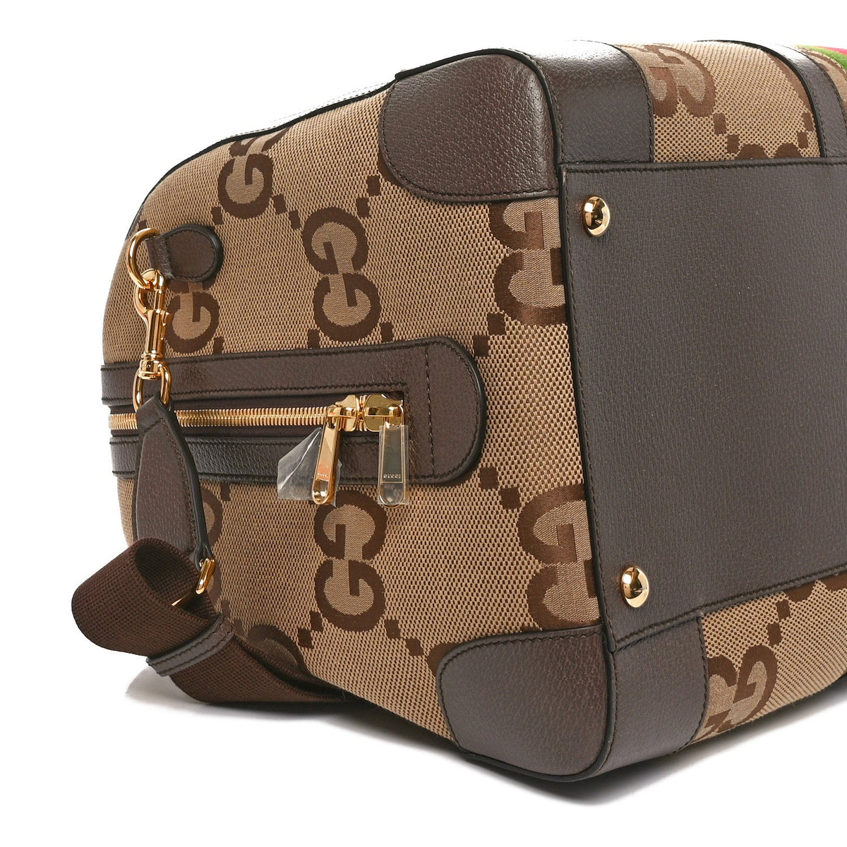 Monogram Jumbo GG Textured Dollar Calfskin Web Large Duffle Bag Camel Ebony