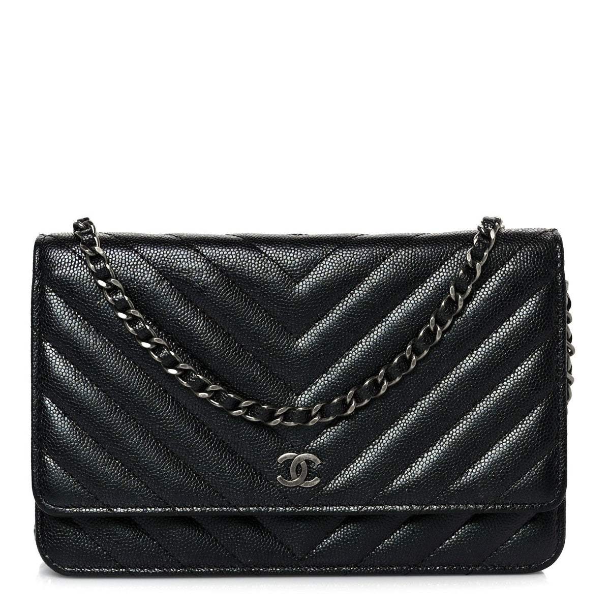 Iridescent Caviar Chevron Quilted Wallet On Chain WOC Black