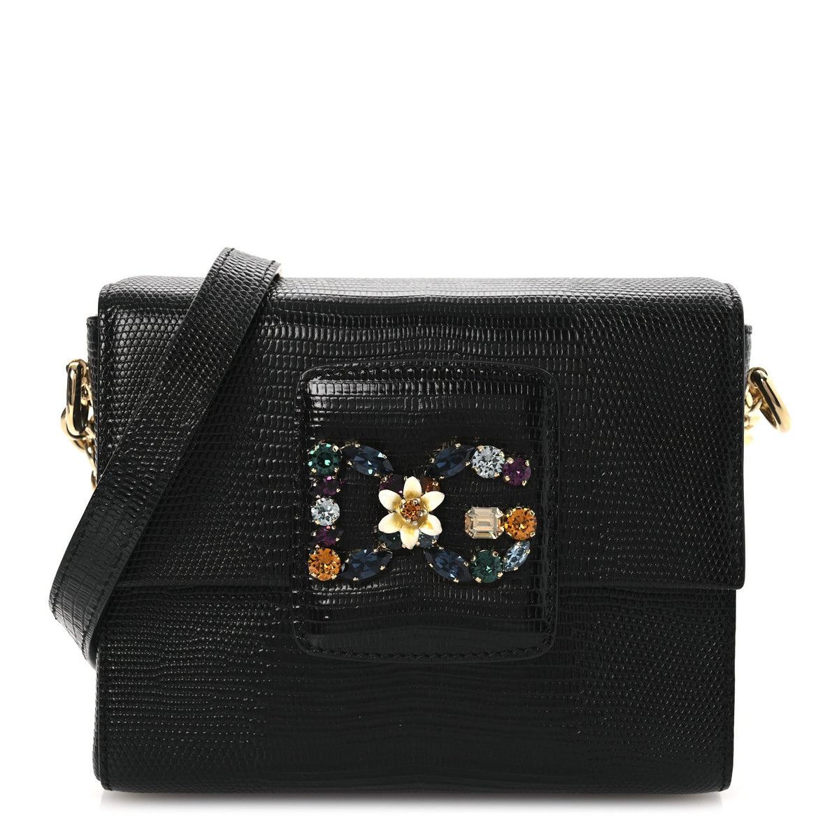 Lizard Embossed Crystal Embellished DG Millennials Mini Crossbody Bag Black