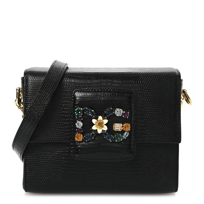 Lizard Embossed Crystal Embellished DG Millennials Mini Crossbody Bag Black