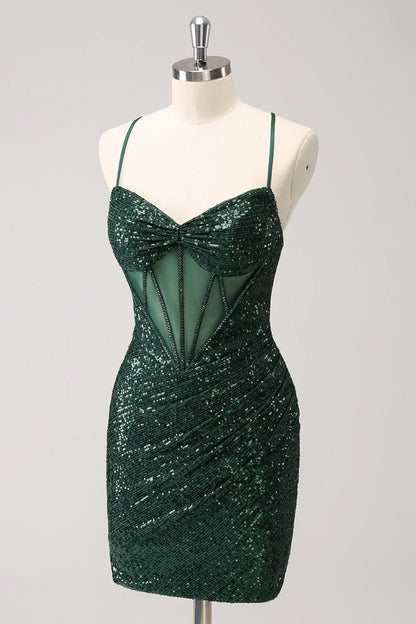 Vintage Dark Green Sequined Design A-line Spaghetti Strap Homecoming Dress, D1366