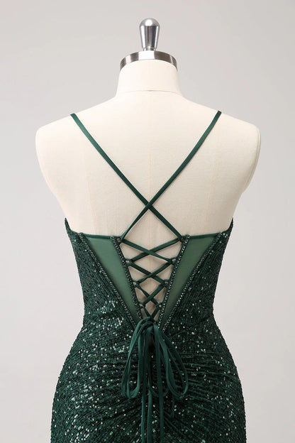 Vintage Dark Green Sequined Design A-line Spaghetti Strap Homecoming Dress, D1366