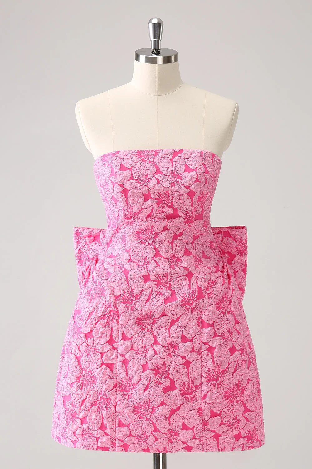 Vintage Rose Pink Bow Design A-line Floral Sleeveless Strapless Homecoming Dress, D1367