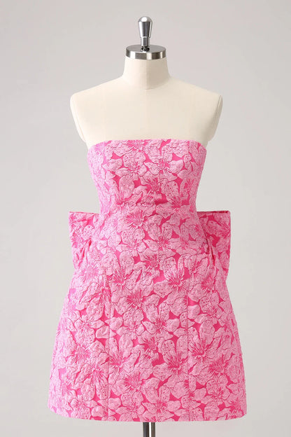 Vintage Rose Pink Bow Design A-line Floral Sleeveless Strapless Homecoming Dress, D1367