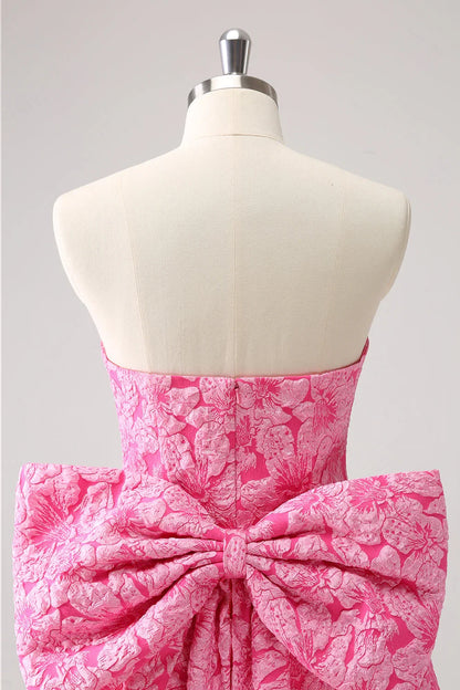 Vintage Rose Pink Bow Design A-line Floral Sleeveless Strapless Homecoming Dress, D1367