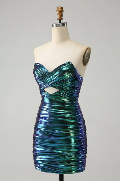 New Fashion Sparkly Teal Blue Ruched Design A-line Bodycon Strapless Short Homecoming Dress, D1362
