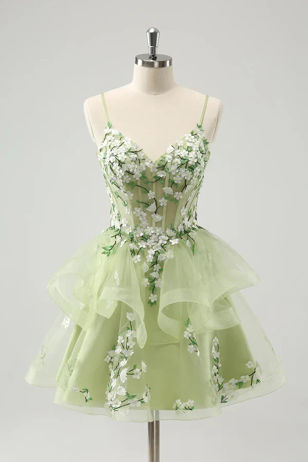 Vintage Mint Green Floral Embroidery Design A-line Spaghetti Strap Homecoming Dress, D1356