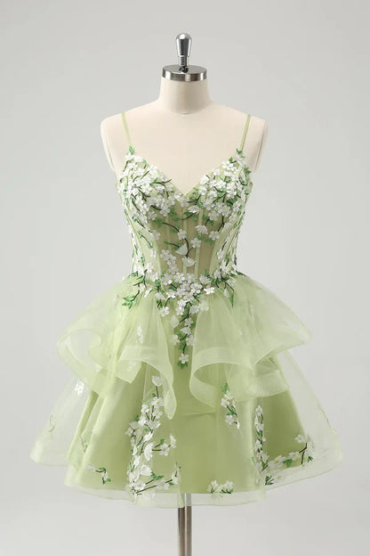 Vintage Mint Green Floral Embroidery Design A-line Spaghetti Strap Homecoming Dress, D1356