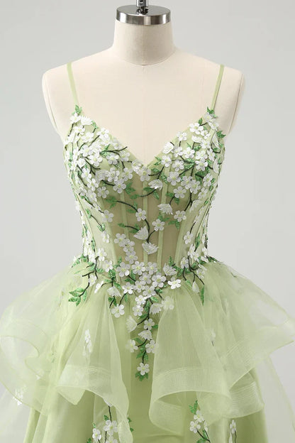 Vintage Mint Green Floral Embroidery Design A-line Spaghetti Strap Homecoming Dress, D1356