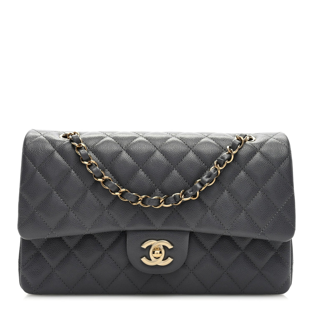 Caviar Quilted Medium Double Flap Dark Grey