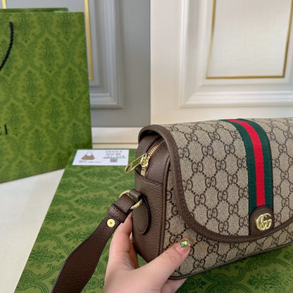 GUCCI OPHIDIA SMALL SHOULDER BAG BEIGE AND DARK BROWN 23CM 722117 FAAX3 9789