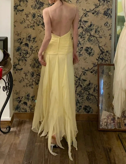 Beauty Prom Dress Light Yellow Spaghetti Straps Pleated Tulle Gala Dress Cocktail Dress Evening Dress  D4584