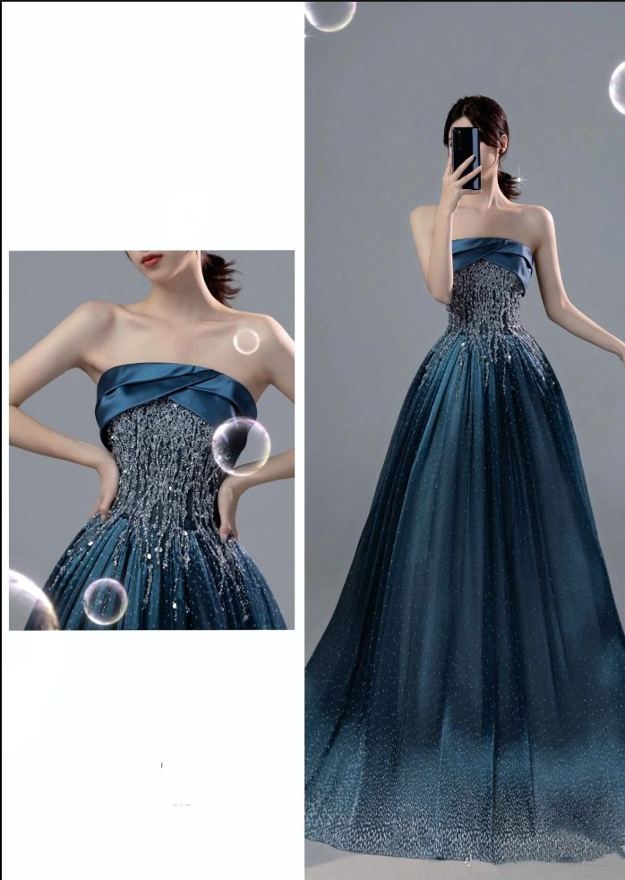 Navy Blue Strapless A-Line Beading Satin long Formal Party Dress MD7474