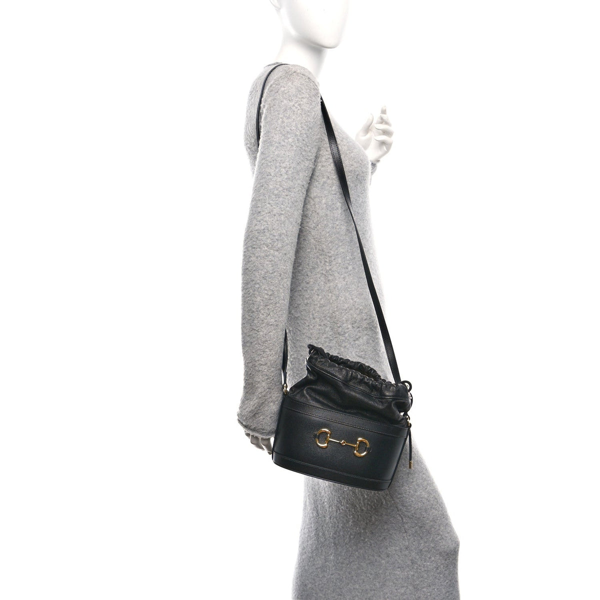 Azalea Sakai Calfskin Horsebit 1955 Drawstring Bucket Bag Black