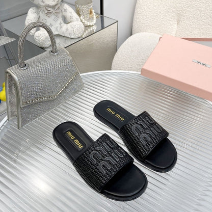 MIUMIU RAFFIA EFFECT WOVEN FABRIC SLIDES BLACK 5XX644 3LOM F0002 F 005