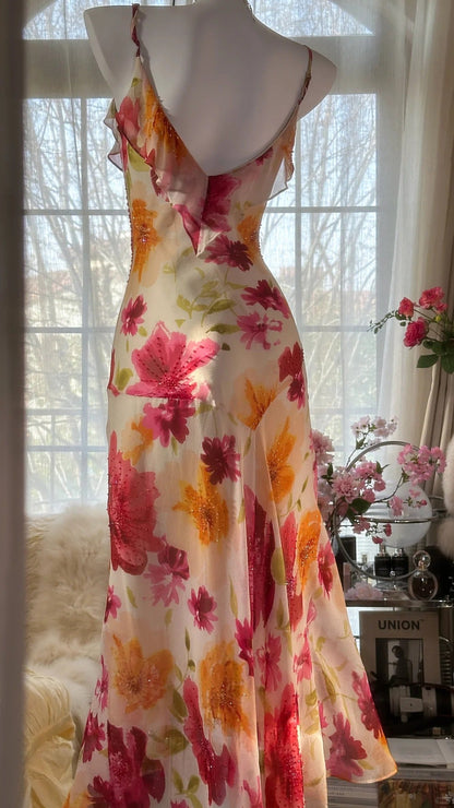 Vintage Floral A-line V-neck Spaghetti Strap Evening Dress Prom Dresses, D1432