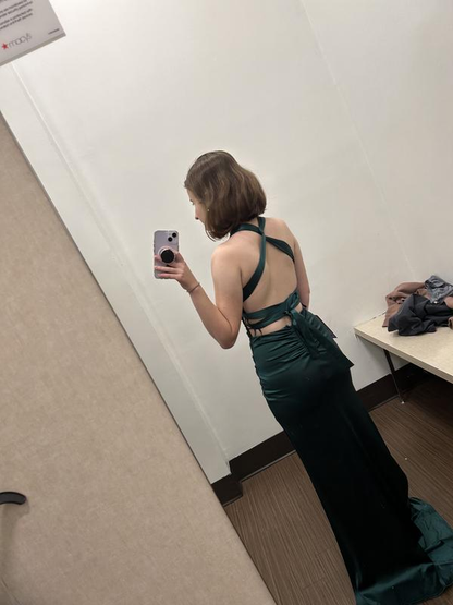 Green V Neck Mermaid Satin Long Party Dress Evening Gown MD7830