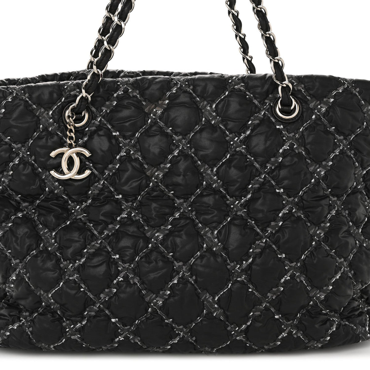 Nylon Quilted Tweed Stitch Bubble Tote Black