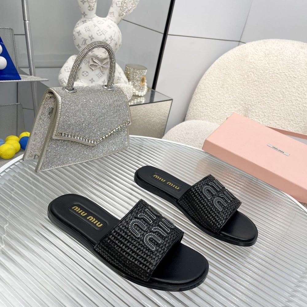 MIUMIU RAFFIA EFFECT WOVEN FABRIC SLIDES BLACK 5XX644 3LOM F0002 F 005