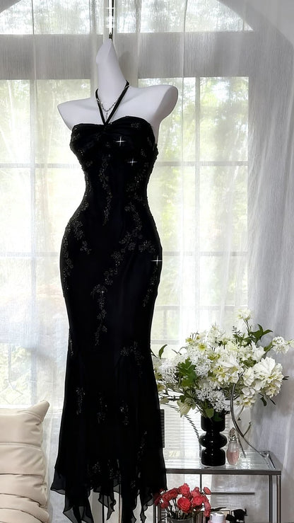 Vintage Green Mermaid Halter Beaded Chiffon Prom Dress SH5071