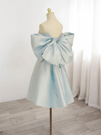 Vintage Light Blue Sweetheart Strapless Bow Design A-line Satin Party Dress Homecoming Dress D1538