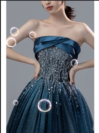 Navy Blue Strapless A-Line Beading Satin long Formal Party Dress MD7474