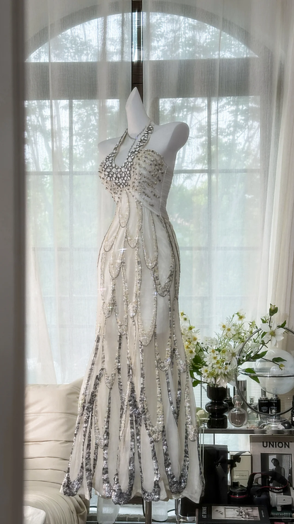 Vintage White Beaded Sparkling Long Chiffon Spaghetti Strap Romantic Ball Gown Evening Dress Prom Dresses D1500